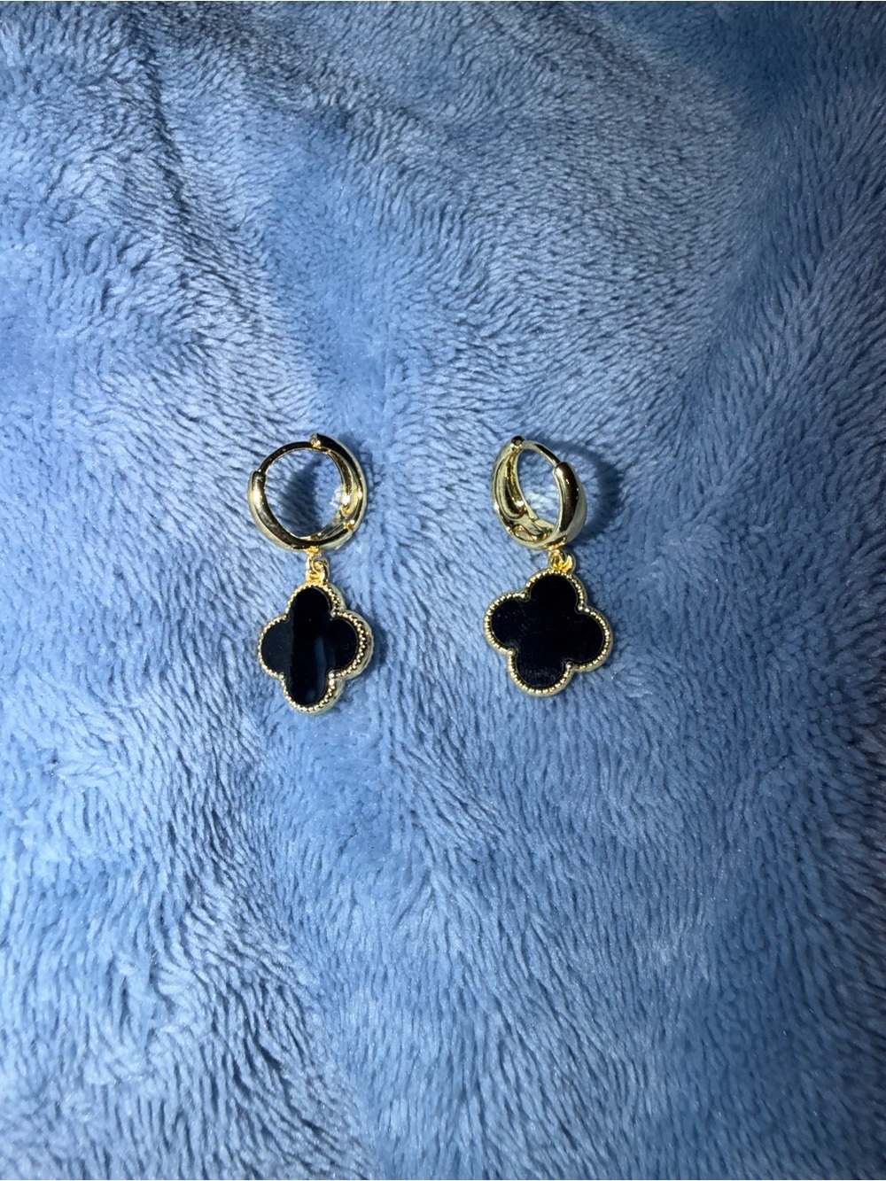 Gold Drop Earrings with Black Clover Charm